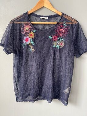 Navy Lace Short Sleeve Top with Multicolor Floral Embroidery